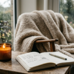Cozy knit blanket draped by a rainy window, a quiet space for gentle self-compassion journaling